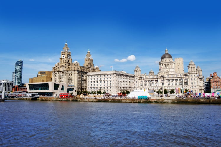 Photo of Liverpool waterfront with river Mersey and three graces.