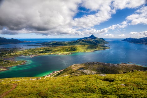 View to the South from Offersoykammen on Vetsvagoy in Lofoten, Nordland, Norway, with Offersoystraumen