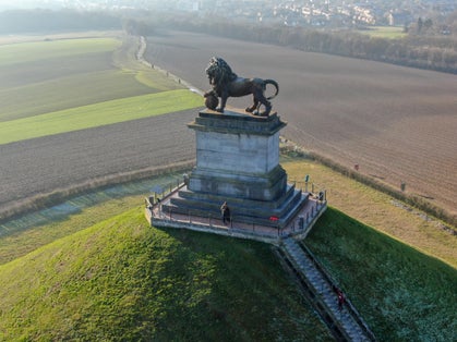 photo of view of Aerial view of The Lion's Mound with farm land around. , Braine-l'Alleud, Belgium.