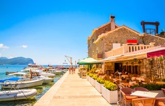 Photo of panoramic aerial view of old town of Budva, Montenegro.