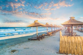 Photo of aerial view of beautiful beach in Mamaia, Romania.