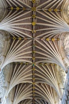 Photo of aerial view of Salisbury cathedral in the spring morning, England.