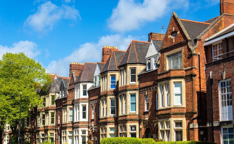 Photo of typical residential brick houses in Cardiff, Wales.