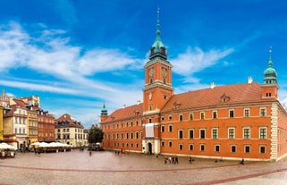 Photo of panoramic aerial view of Mikolajki townscape capital of Masurian region on the shore, Poland.