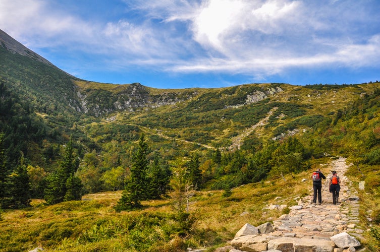 Tourists on the trail in the Karkonosze Mountains - Karkonosze National Park, Szklarska Poreba, Karpacz, Poland