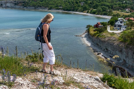 Woman walking and bicycling in summer.