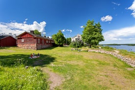 Photo of view to Ruokolahti church and The Lake Saimaa in autumn, South Karelia, Finland.