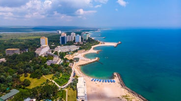 Photo of aerial view of beautiful beach in Mamaia, Romania.