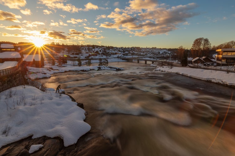 Kongsberg city in Norway, long exposure night photography of the bridge and waterfall.