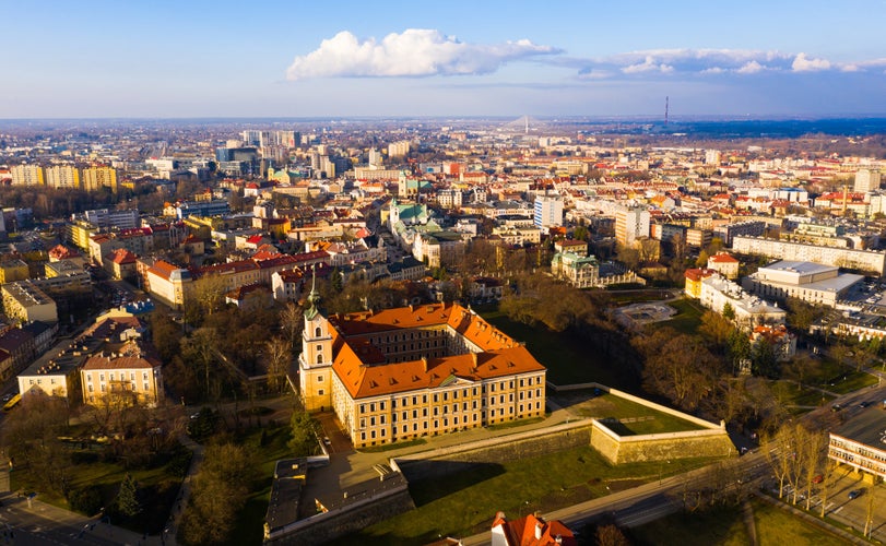 Photo of aerial view of Rzeszow landscape overlooking main city landmark, Poland.