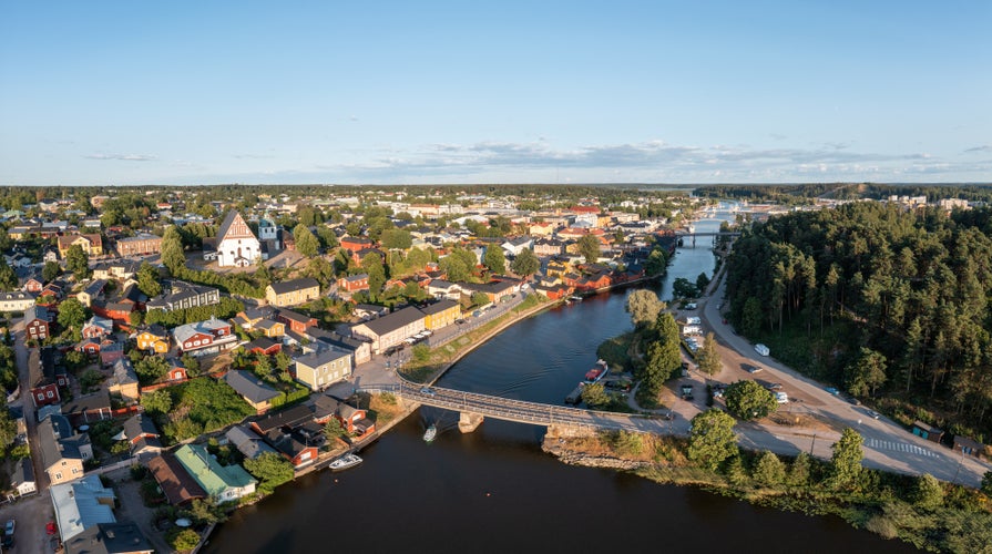 Aerial panorama view of the old town of Porvoo and porvoonjoki river in summer in Finland