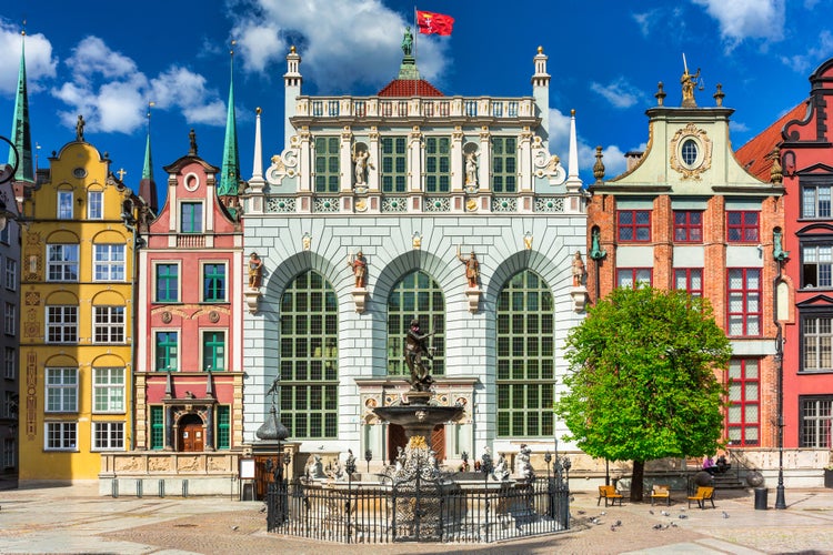 Photo of beautiful architecture of the old town in Gdansk with Artus court, Poland.