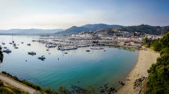 Photo of aerial view of the town of Cangas in the Bay of Vigo, Galicia, Spain.