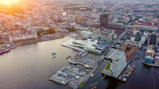 Oslo, Norway. City view during sunset. Back light. The central part of the city. Oslo Opera House. Operahuset Oslo, From Drone.