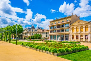 Photo of aerial view of Triumphal Arch or Arc de Triomphe in Montpellier city in France.