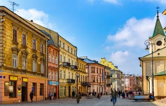 Photo of aerial view of Zamosc old town and city main square with town hall, Zamosc is a city in southeastern Poland.