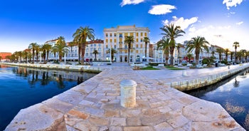 Photo of aerial view of Stobrec popular touristic destination on Adriatic sea, suburb of city of Split, Croatia.