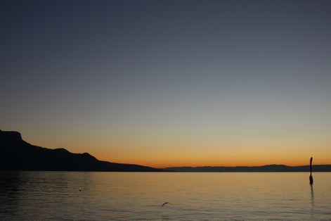 photo of the fork of the alimentarium on the shores of Lake Geneva in Vevey at dusk in Switzerland.