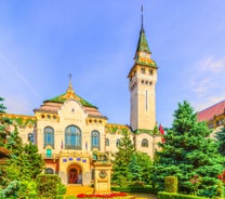 Antique building view in Old Town Bucharest city - capital of Romania and Dambrovita river. Bucharest, Romania, Europe.