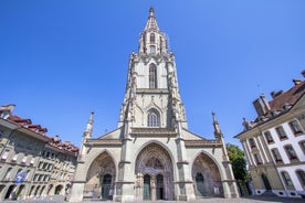 Bern, Switzerland. View of the old city center and Nydeggbrucke bridge over river Aare.