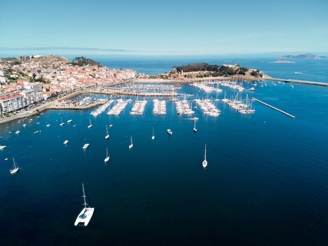 Photo of aerial view of marina of Baiona, Spain.