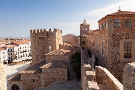 Photo of Caceres monumental. Bujaco Tower, Toledo-Moctezuma's palace, the Episcopal Palace and the Plaza Mayor views from the Tower of the Pulpits. Spain.