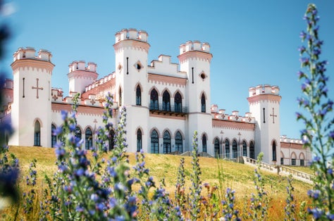 Photo of magnificent Kosava Palace under the blue sky with flowers, Belarus.