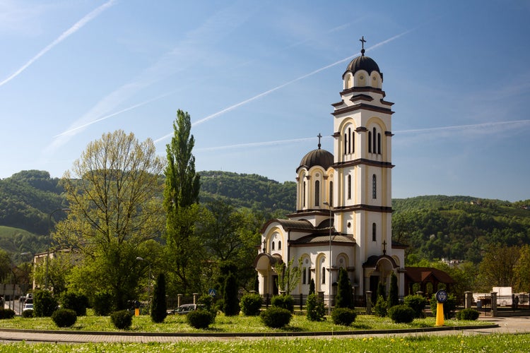 Beautiful landscape or cityscape with the Epiphany Serbian Orthodox church in Banja Luka in Bosnia and Herzegovina.