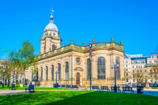 Photo of Nottingham Council House and a fountain front shot at Twilight, UK.