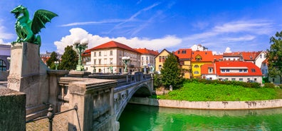 Capital of Slovenia, panoramic view with old town and castle.