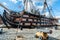 Photo of HMS Victory the Admiral Horatio Nelson's flagship at the Battle of Trafalgar in 1805 at Portsmouth Historic Dockyard, UK.