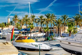 Photo of aerial panoramic view of Fuengirola city beach and marina, Fuengirola is a city on the Costa del Sol in the province of Malaga in the Andalusia, Spain.