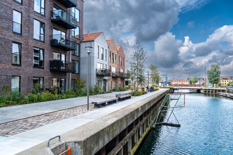 photo of view of New buildings homes near the harbor in Fredericia Denmark.