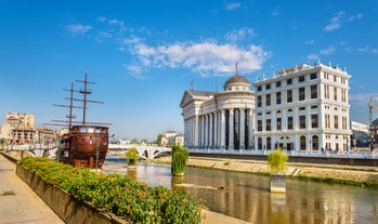 Panoramic view of Skopje town with Vodno hill in the background.