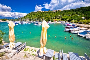 Photo of aerial view of Historic Adriatic town of Krk aerial view, Island of Krk, Kvarner bay of Croatia.