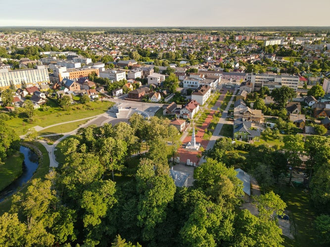 Aerial view of Plungė town in western Lithuania, Samogitia region .