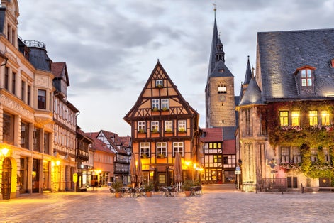 photo of view of Half-timbered house on Market Square of Quedlinburg in the evening, Saxony-Anhalt, Germany