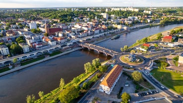 Photo of aerial view of beautiful architecture of the Bolkow castle and the city in Lower Silesia at summer, Poland