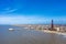 Photo of aerial view of the famous Blackpool Tower and beach on a beautiful Summer day on one of Great Britains most popular holiday destinations, England.