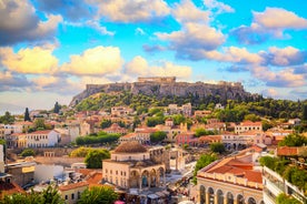 Photo of temple of Apollo with Acrocorinth in the background. Ancient Corinth, Greece.