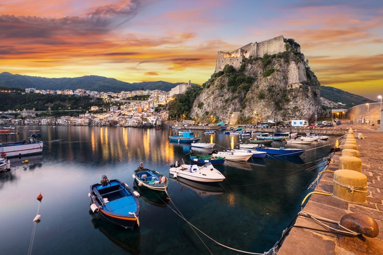 photo of view of Scilla, Italy coastal townscape in Reggio Calabria at the port.