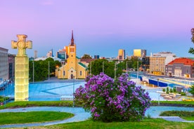 Scenic summer view of the Old Town and sea port harbor in Tallinn, Estonia.