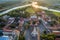 Aerial image of Kaunas old town, Lithuania. Summer sunset scene.