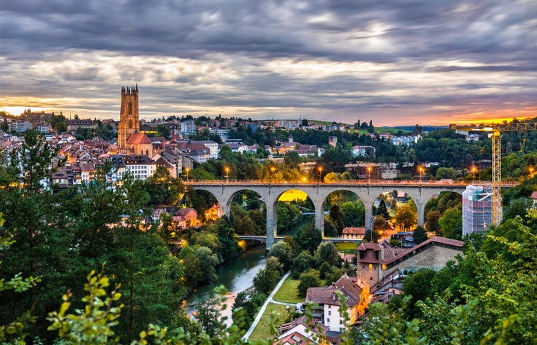 Photo of evening skyline of Fribourg, Switzerland.