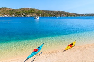 Photo of Rogoznica turquoise bay and Dragon Eye lake aerial view, Dalmatia region of Croatia.