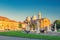 Prato della Valle square in historical city centre of Padua (Padova), elliptical square with green island at the center, small canal with statues, Abbey of Santa Giustina church, Veneto Region, Italy.