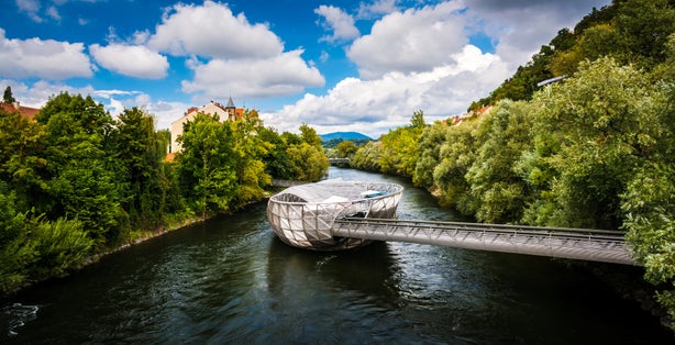 Photo of Murinsel bridge in Graz old town, Austria.