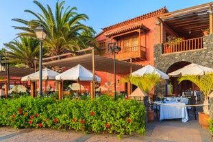 photo of aerial view of the beach and lagoon of Los Cristianos resort on Tenerife, Canary Islands, Spain.