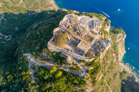 photo of ariel view of Old ruins of Angelokastro fortress, Corfu island, Greece.