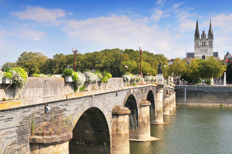 Photo of bridge and cathedral St Maurice Angers, France.